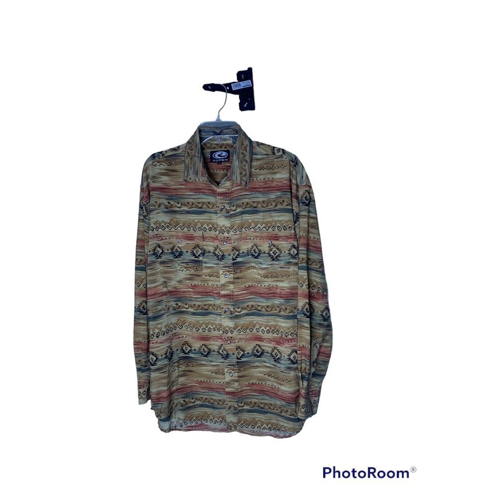 Vtg  Roper Shirt Size‎ Large Pearl Snap Western Aztec Southwest Print Rodeo